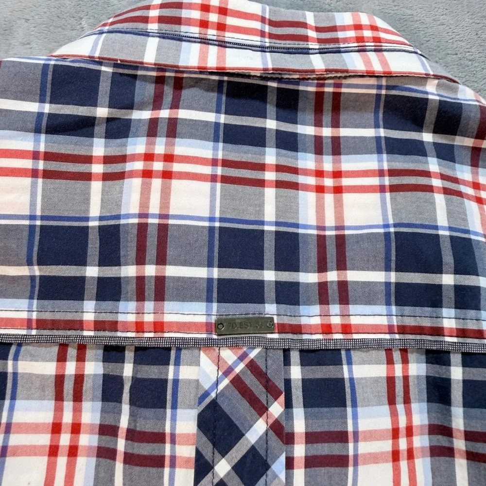 7 Diamonds Plaid Button Down Shirt Men's Large Red Blue White Long Sleeve Casual